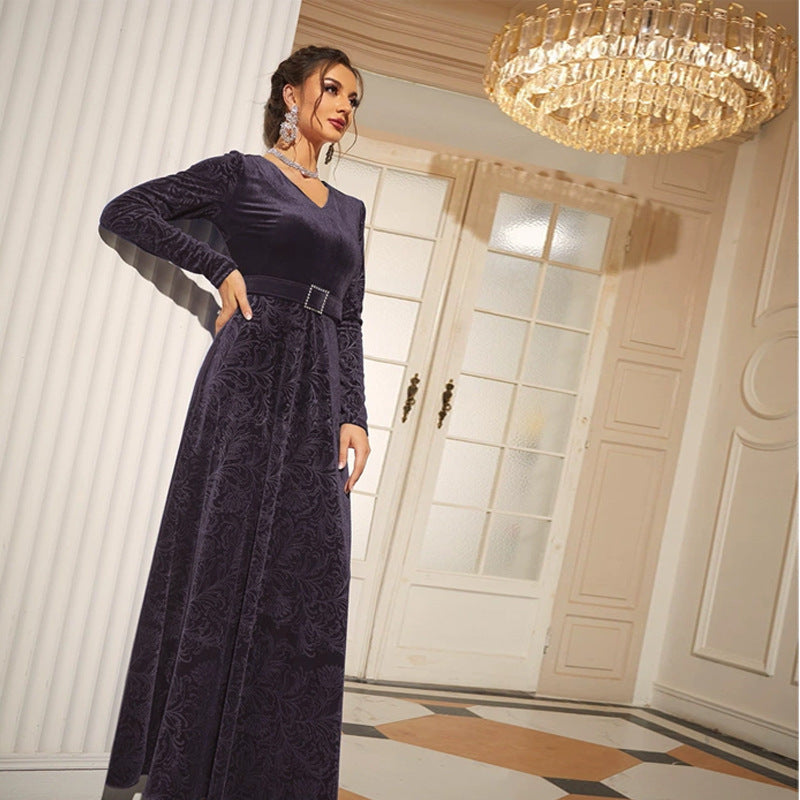V neck Long Sleeve High Waist Lace up Velvet Elegant Dress
