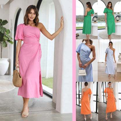 Fashionable Elegant Oblique Shoulder Puff Sleeve Side Slit Dress