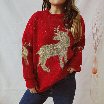 Warm Chic O-Neck Long Sleeve Knitted Christmas Sweater Red / S Sweaters-L