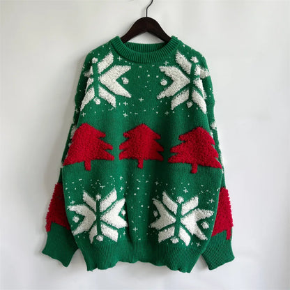 Green Fashion Tree Embroidery Knitted Pullover Casual Loose Retro Christmas Sweater Sweaters-L