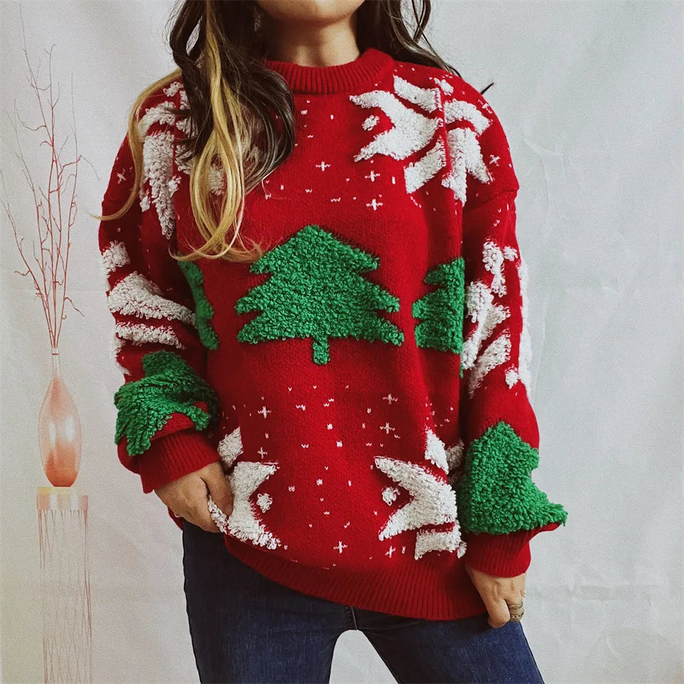Green Fashion Tree Embroidery Knitted Pullover Casual Loose Retro Christmas Sweater Red / S