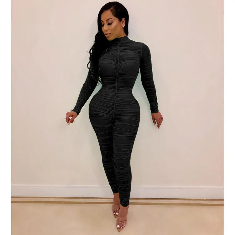 JuliaFashion - Sheer Mesh Ruched Long Sleeve Sexy Jumpsuits