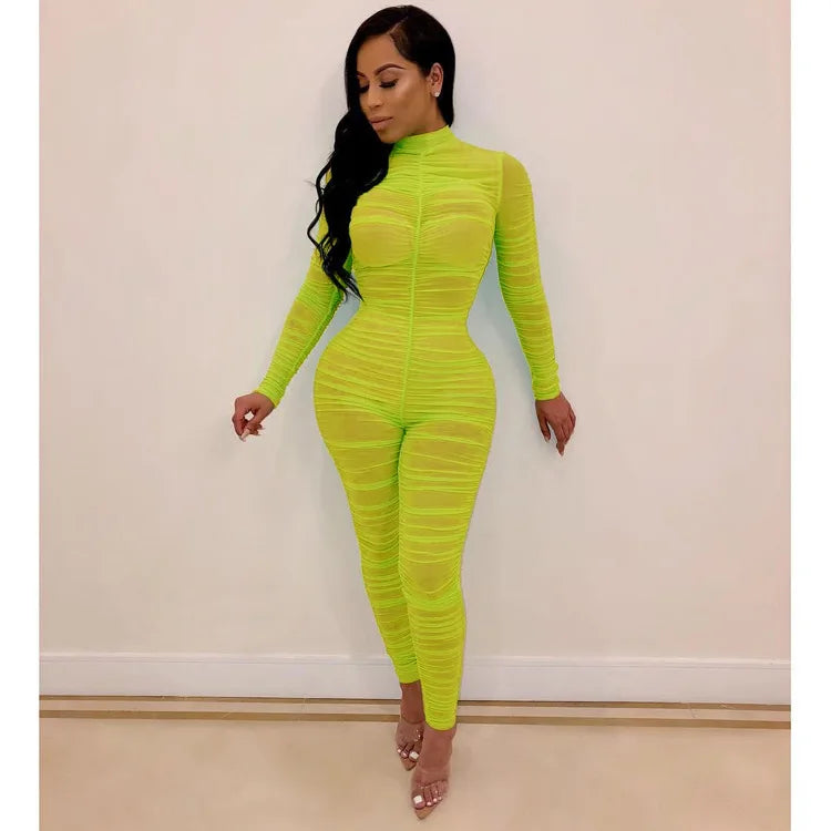 JuliaFashion - Sheer Mesh Ruched Long Sleeve Sexy Jumpsuits