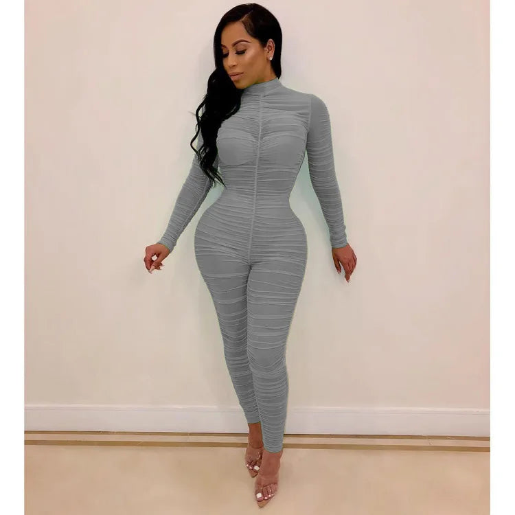 JuliaFashion - Sheer Mesh Ruched Long Sleeve Sexy Jumpsuits