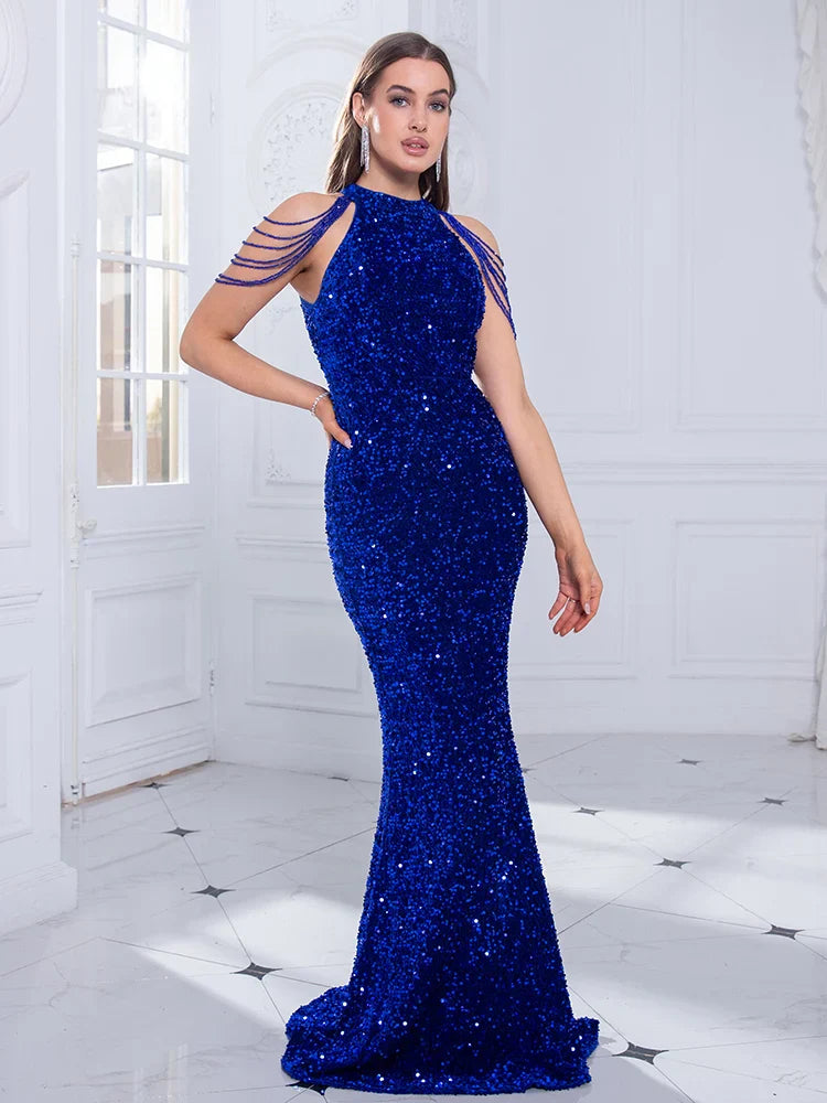 Beaded Sequin Halter Party Dress Partydress-241208