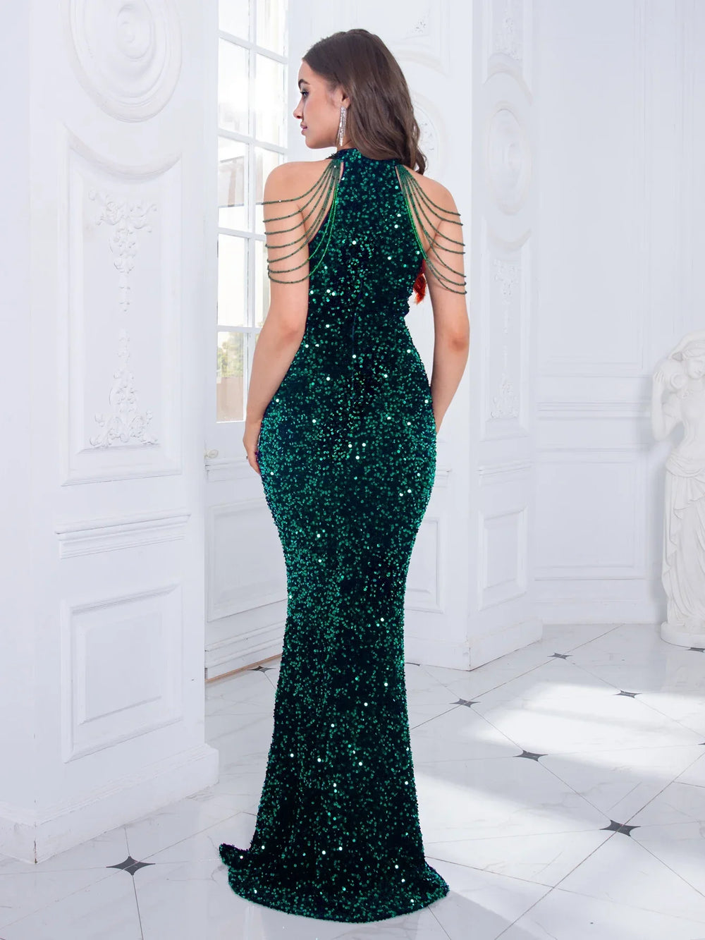 Beaded Sequin Halter Party Dress Partydress-241208