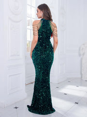 Beaded Sequin Halter Party Dress Partydress-241208