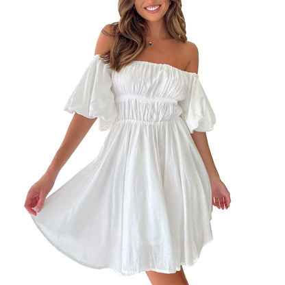 JuliaFashion - Off Shoulder Flared Mini 2024 Fashion Ruffled Short Sleeve White Flowy Swing Casual Party Vacation Vestidos Dress