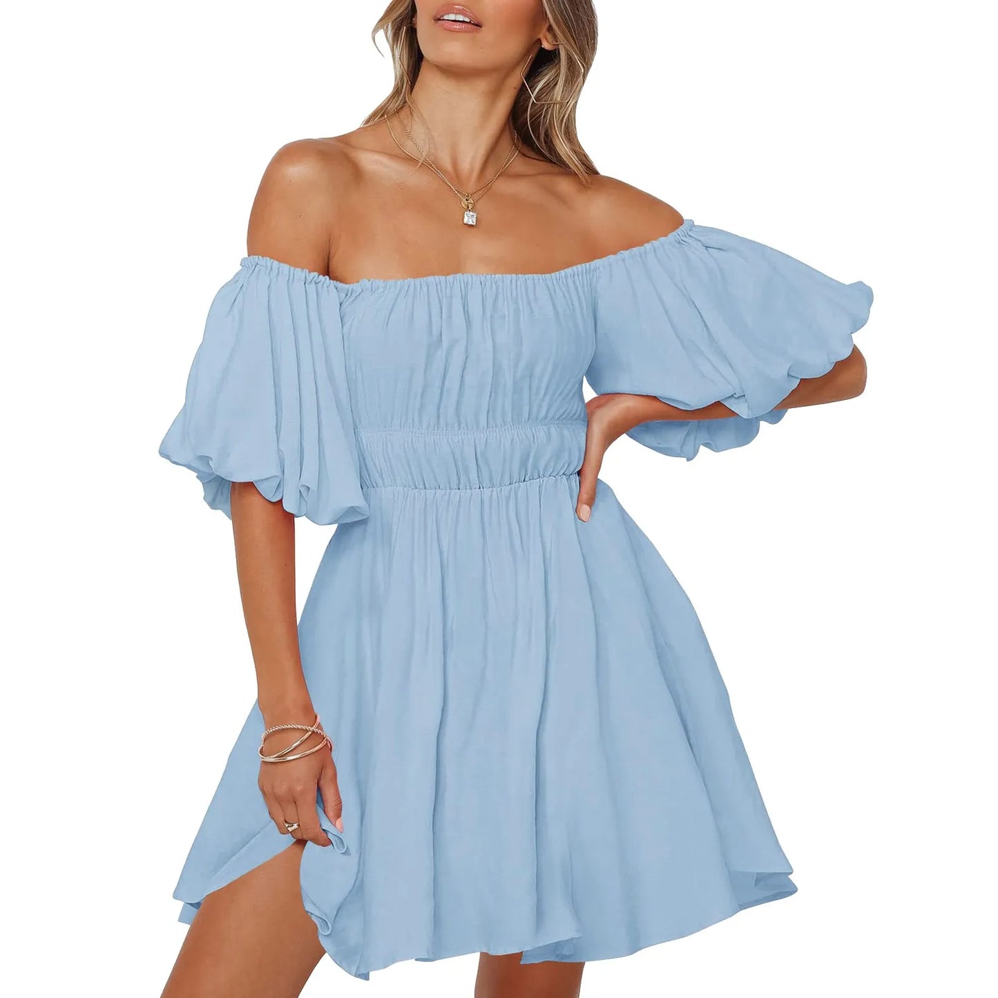 JuliaFashion - Off Shoulder Flared Mini 2024 Fashion Ruffled Short Sleeve White Flowy Swing Casual Party Vacation Vestidos Dress