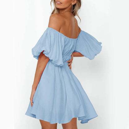 JuliaFashion - Off Shoulder Flared Mini 2024 Fashion Ruffled Short Sleeve White Flowy Swing Casual Party Vacation Vestidos Dress