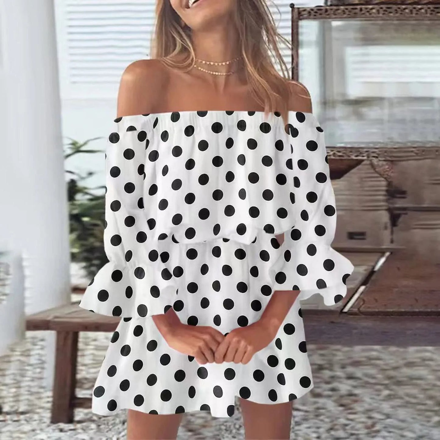 JuliaFashion - Off Shoulder Mini Women Leopard Polka Dot Elegant Summer Casual Loose Fashion Slash Neck Long Sleeve Party Dress