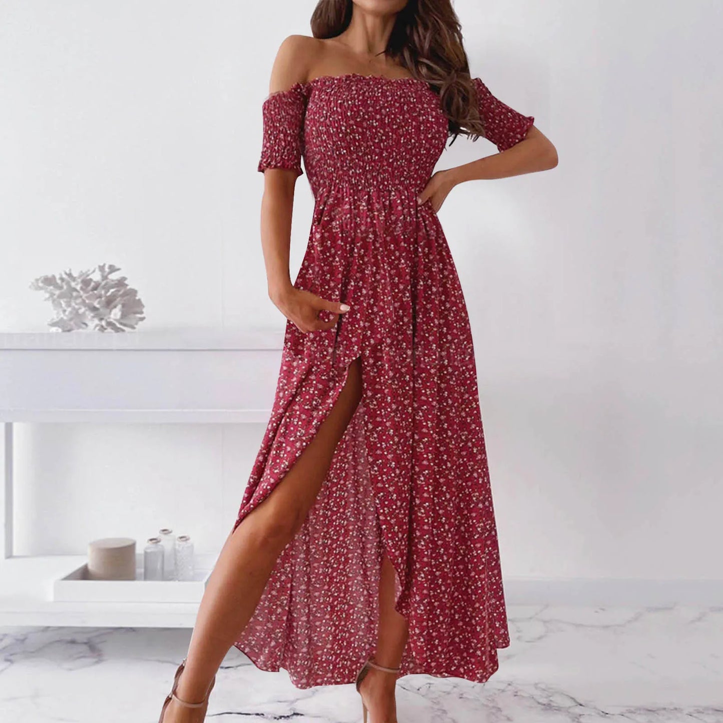 JuliaFashion - Off The Shoulder Midi Women Summer Floral 2024 Casual Pleated Elegant Woman High Waist Slit Party Long Dress