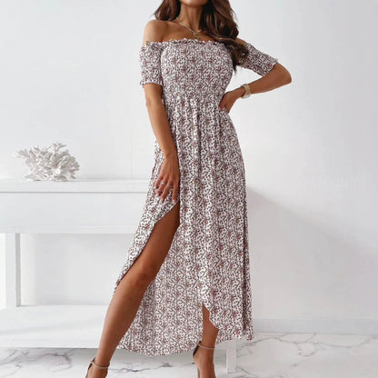 JuliaFashion - Off The Shoulder Midi Women Summer Floral 2024 Casual Pleated Elegant Woman High Waist Slit Party Long Dress