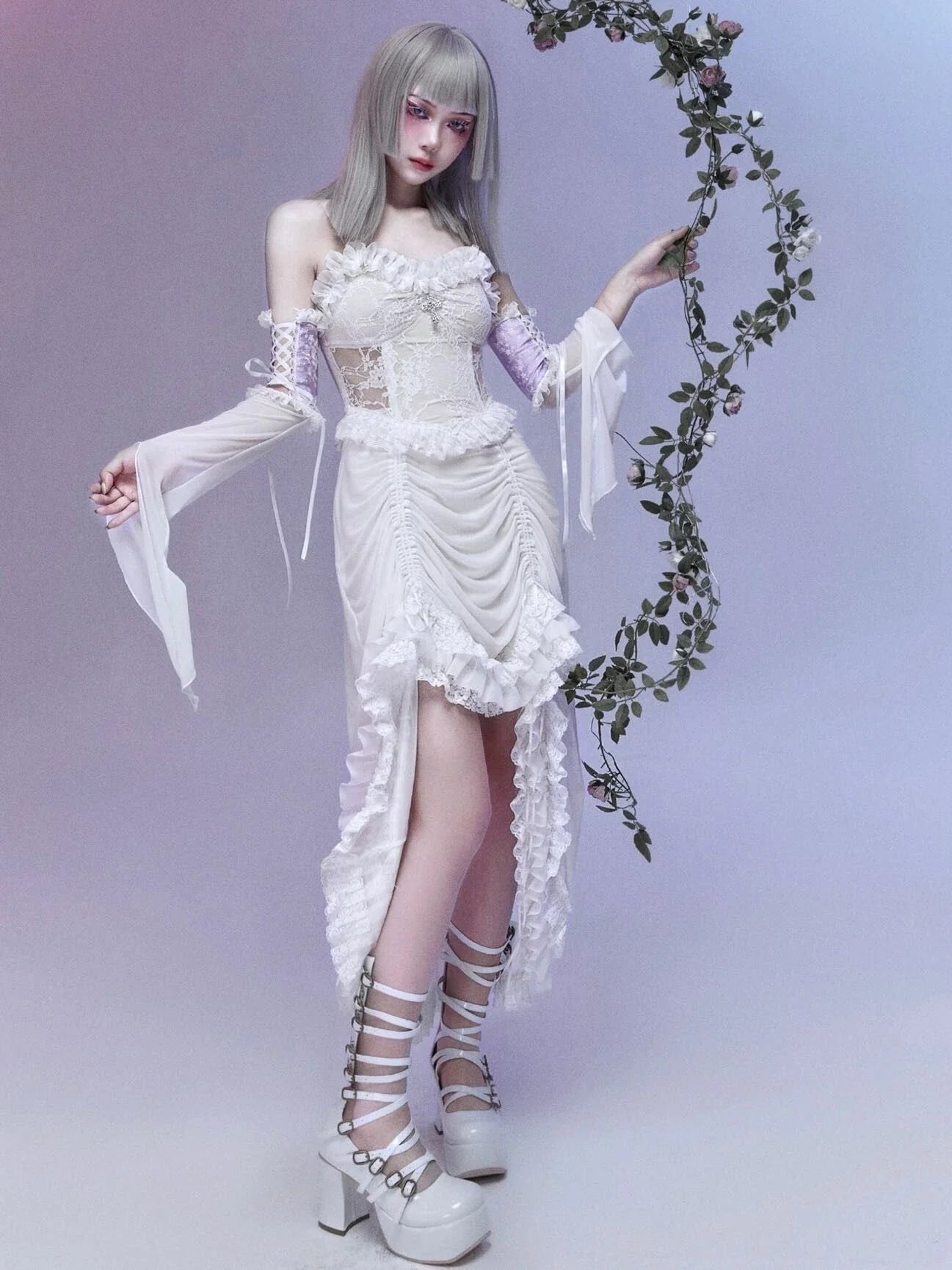 White Gothic Rope Lace Flying Sleeve Stiletto Strap Asymmetric Light Lolita Summer Party Dress