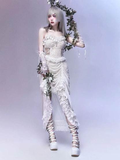 White Gothic Rope Lace Flying Sleeve Stiletto Strap Asymmetric Light Lolita Summer Party Dress