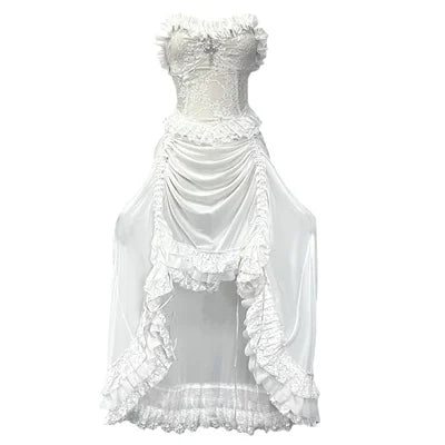 White Gothic Rope Lace Flying Sleeve Stiletto Strap Asymmetric Light Lolita Summer Party Dress