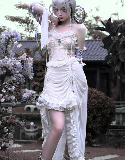 White Gothic Rope Lace Flying Sleeve Stiletto Strap Asymmetric Light Lolita Summer Party Dress