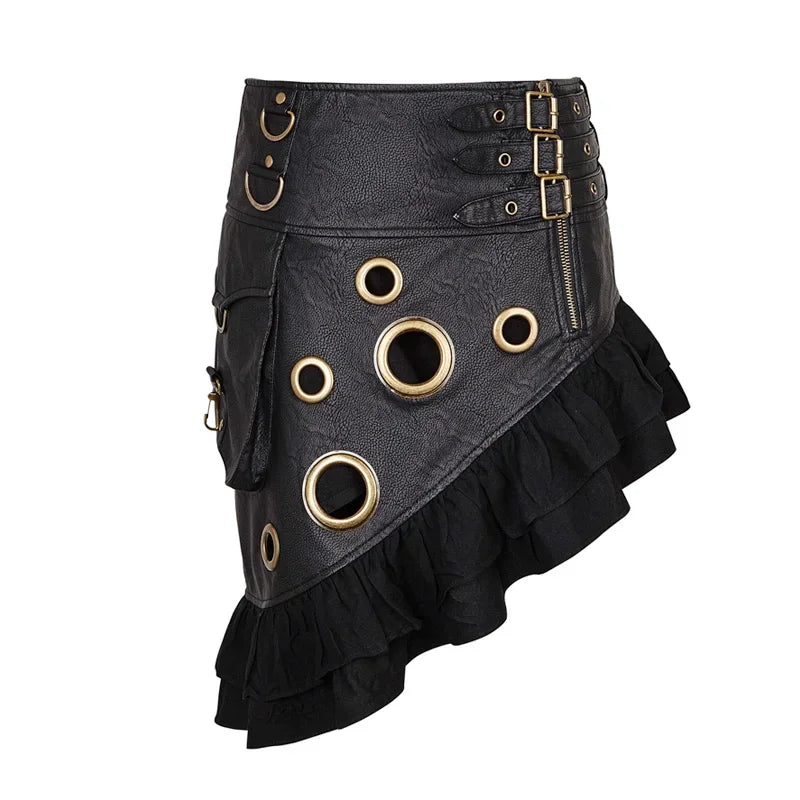 Steam Vintage Symmetrical PU Texture Party Leather Length Coarse-grain Kilt Knee Rock Flounce Skirt