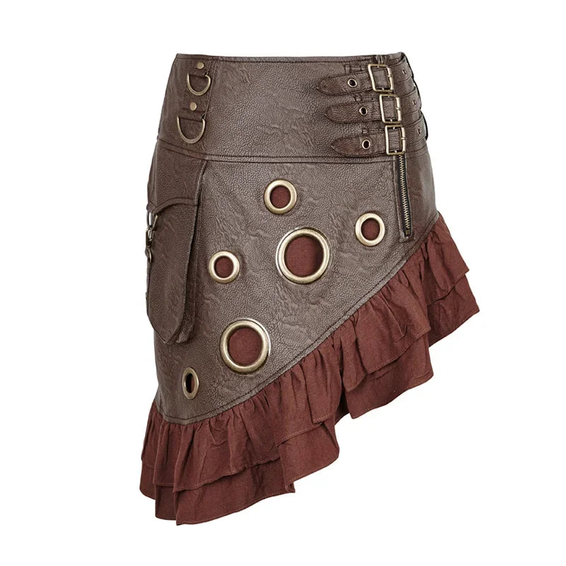 Steam Vintage Symmetrical PU Texture Party Leather Length Coarse-grain Kilt Knee Rock Flounce Skirt