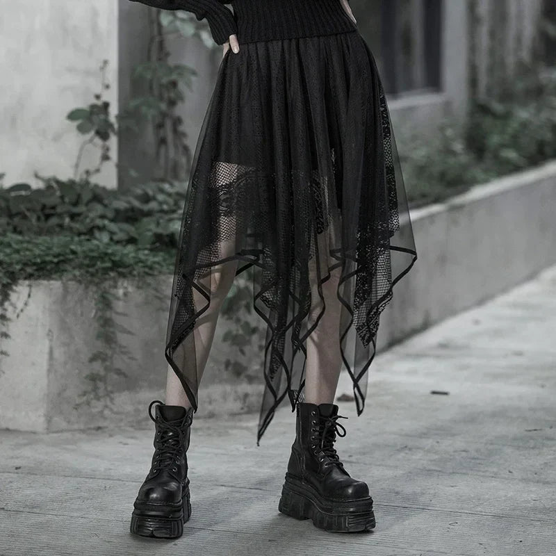 Women's Mesh Irregular Female Black Lace Hollow Out Summer Fashion Skirt