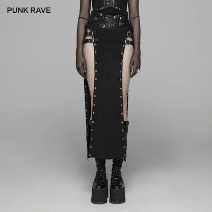 Women's Gothic Sexy Black Rock Copslay Stage Personality Hip Hop Streetwear Long High Waisted Skirt