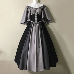 Medieval Retro Color Block Off Shoulder Party Dress