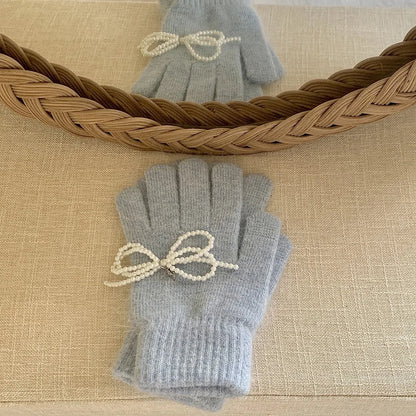 Pearl Bow Knot Winter Wool Furry Thickened Warm Soft Y2K Lolita Cosplay Christmas Gloves Blue