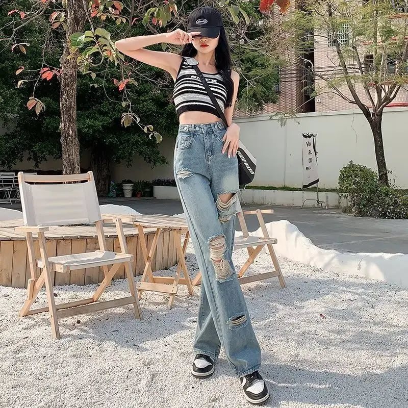 Perforated Jean Pear-Shaped Figure High Waist Straight Tube Loose Fitting Wide Leg Pants Small