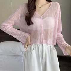 Ice Silk See-Through Thin Single Breasted Pink Knit Cardigan cardiagn-250126
