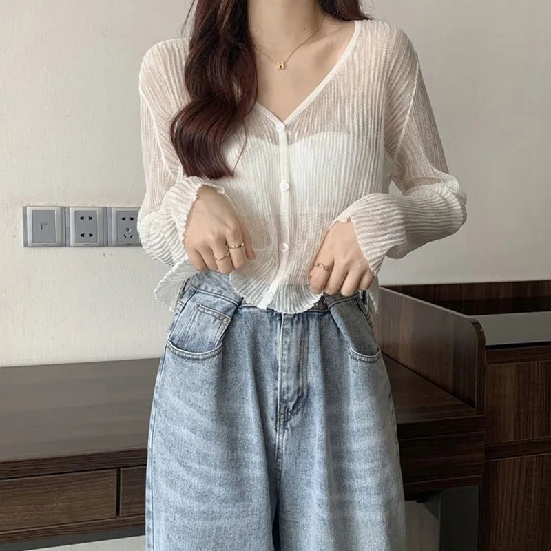 Ice Silk See-Through Thin Single Breasted Pink Knit Cardigan WHITE / S cardiagn-250126