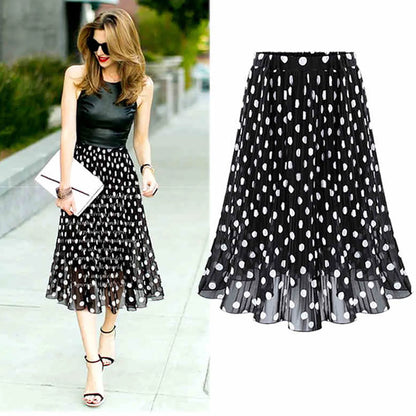 JuliaFashion - Pleated Chiffon Tulle Polka Dot Vintage Flared Skirt Dress