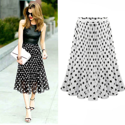 JuliaFashion - Pleated Chiffon Tulle Polka Dot Vintage Flared Skirt Dress
