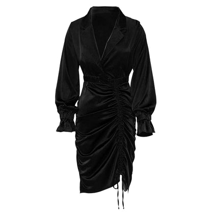 JuliaFashion - Pleated Drawstring Mini Bodycon 2024 Women Long Sleeve Night Club Bandage Elegant Blazer Female Sexy Party Vestidos Dress