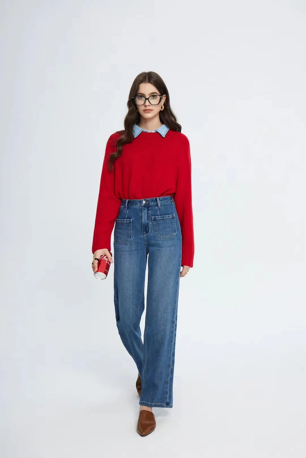 Pockets Women Temperament High Waist Straight Denim Pant Females Vintage Simple Streetwear Washed