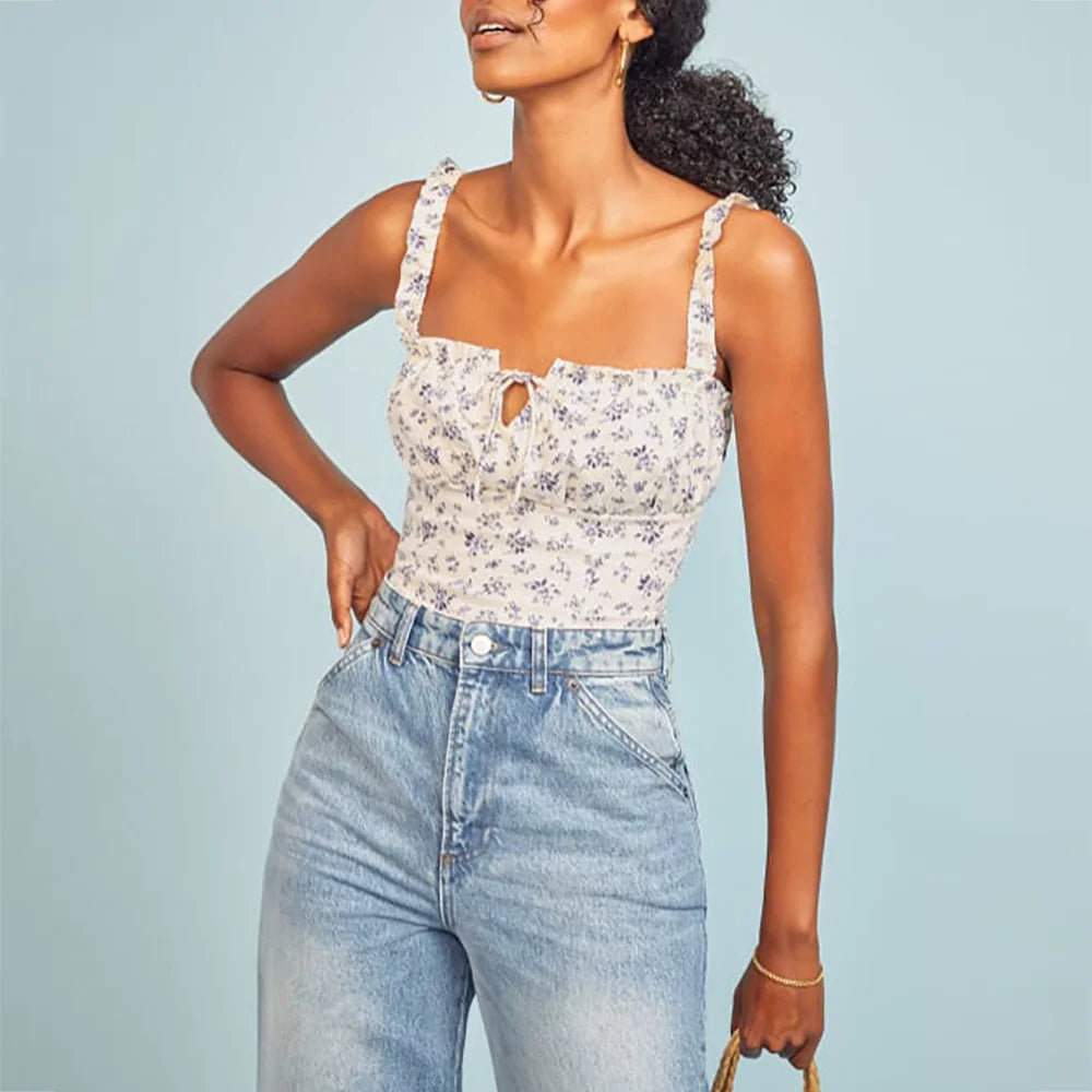 Polka Dot Square Neck Tie Sleeveless Frill Strap Smocked Fitted Sexy Crop Top WHITE2 / S croptop-250126