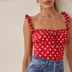 Polka Dot Square Neck Tie Sleeveless Frill Strap Smocked Fitted Sexy Crop Top RED / S croptop-250126