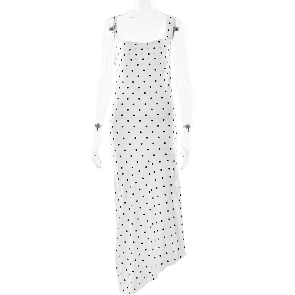 Polka Dot Brace Swing Collar Dress Sleeveless Backless Slit Maxi Dress