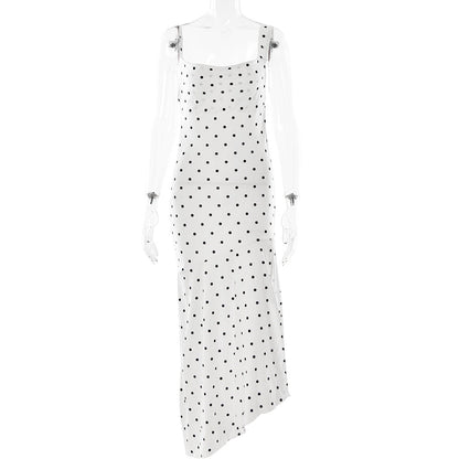 Polka Dot Brace Swing Collar Dress Sleeveless Backless Slit Maxi Dress