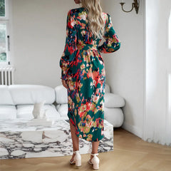 Elegant V-neck Long Boho Printed Dress bohodress-250126
