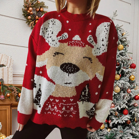 Long Sleeve Elk Snowflake Pattern Loose Knit Christmas Sweater Red / S Sweaters-L