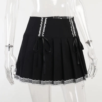 Dark Wind Bust Lolita Lace Contrast Gothic Harajuku Pleated Goth Black Korean Skirt