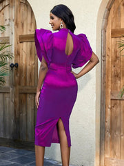 JuliaFashion - 2024Purple Flare Sleeve High Waist Midi Dress