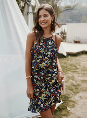 Mini Flowered Sleeveless Ruffles Dress S / Black Dresses