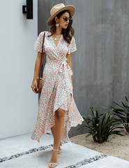 Pink Polka Dot V-Neck Ruffle Short-Sleeved Beach Vacation Summer Dress S / Yellow Dresses