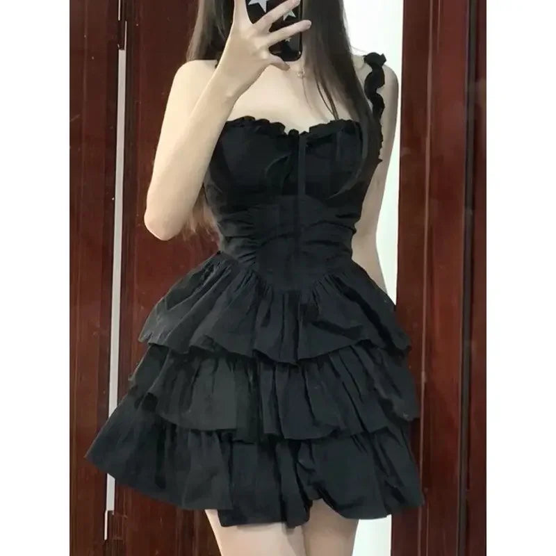 Hrajuku Goth Lolita Kawaii Cute Black Ruffles Soft Girl Y2K Coquette Fashion Cake Party Short Dress