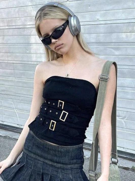 Y2K Bandage Buckle Corset Punk Grunge Gothic Retro Streetwear Crop Top