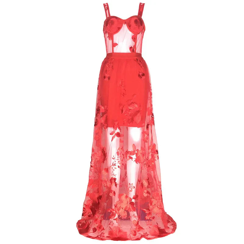 Red Color Celebrity Fashion Sleeveless Sexy Backless Lace Long Dress Christmas Party / S Dresses-L