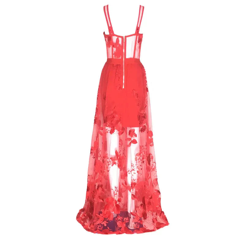 Red Color Celebrity Fashion Sleeveless Sexy Backless Lace Long Dress Christmas Party Dresses-L