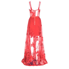Red Color Celebrity Fashion Sleeveless Sexy Backless Lace Long Dress Christmas Party Dresses-L
