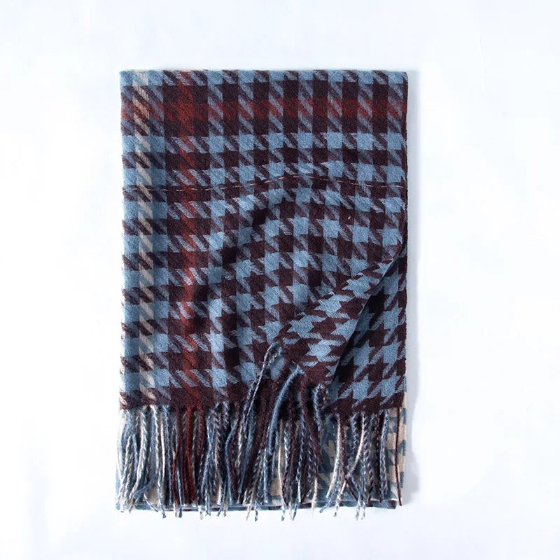 Red Plaid Cashmere Korean Style Fashion Warmer Hijab Pashmina Scarf For Women Blue Scarfs-L